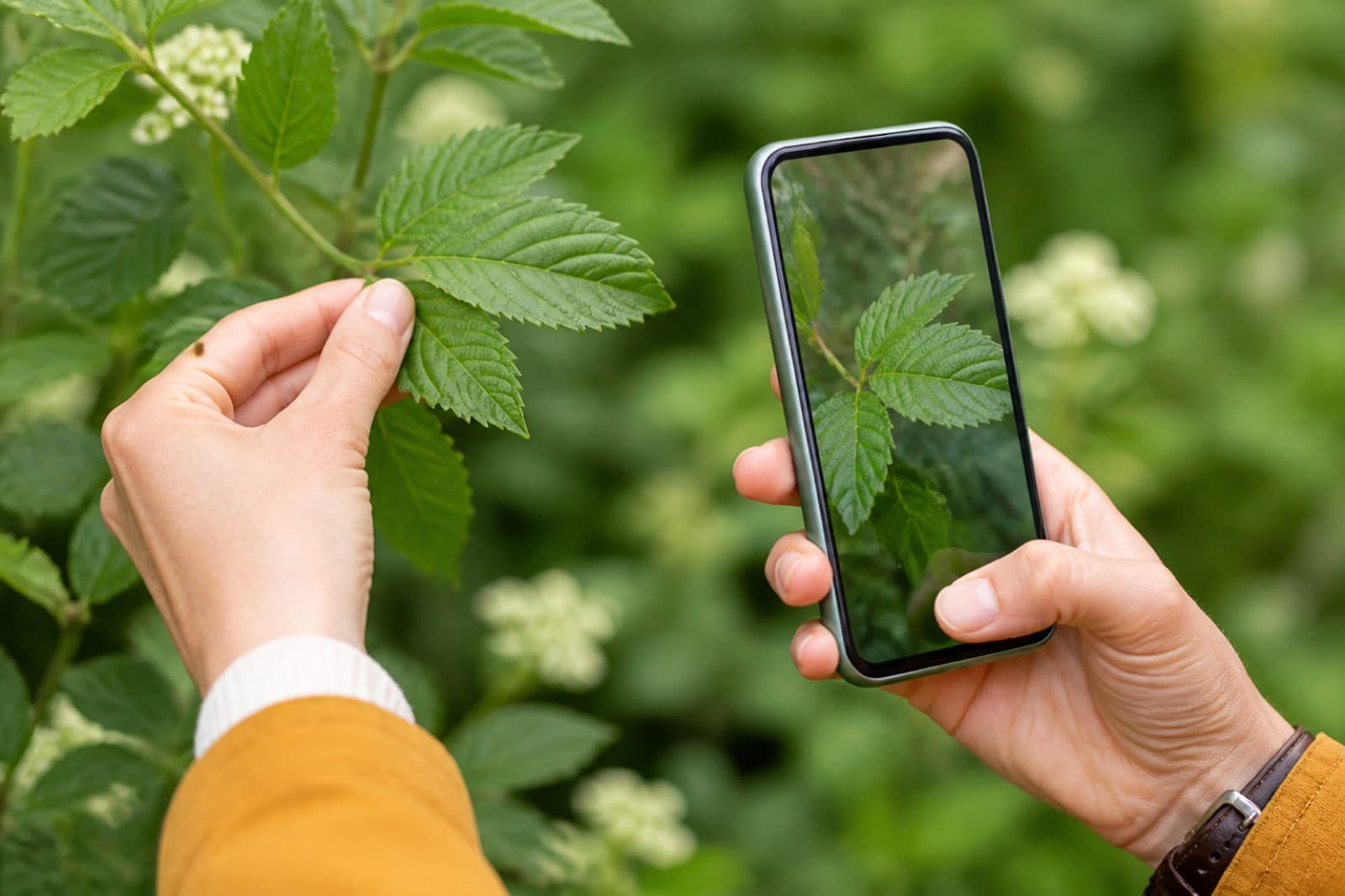 Hands holding a smartphone close to a green leaf for plant identification