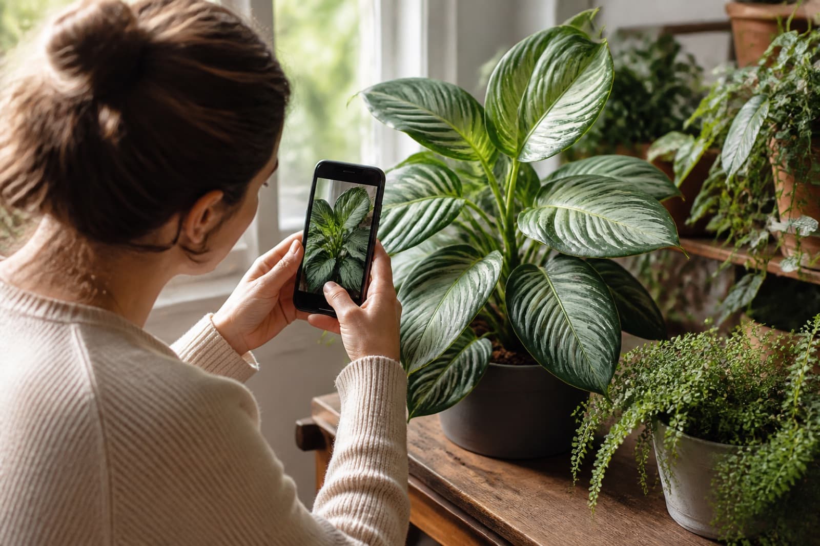 Person photographing a leafy plant with a phone to find the plant name